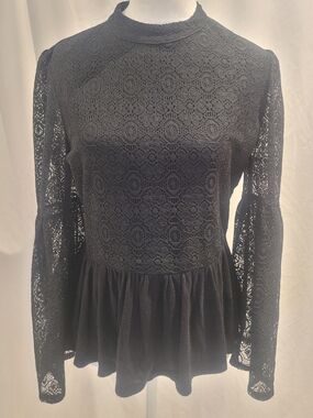 Wrangler Retro Black Lace Peplum Top Mock Neck Bell Sleeve M